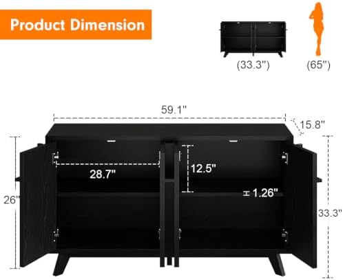knoworld 59" Sideboard Buffet Cabinet with Storage, Modern Credenza, Black - Image 2