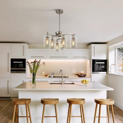 CNRATYE 6-Light Brushed Nickel Chandeliers for Dining Room Light Fixtures Over Table, Adjustable Height Hanging Industrial Pendant Lighting for Kitchen Island Bedroom, Clear Glass Shade - Image 3