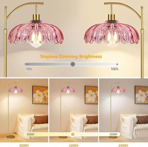 Gold Arc Floor Lamp for Living Room Bedroom,Mid Century Modern Standing Lamp with Remote,Dimmable Brass Tall Lamp Pink Flower Glass Lamp,Adjustable Vintage Floor Lamps Floor Light for Corner Office - Image 2