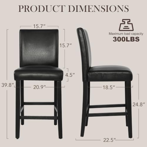 GOTMINSI Set of 2 Classic 24 Inches Counter Height Stools Upholstered Bar Stools with Solid Wood Legs and Black Leather Counter Stool(PU Black) - Image 2