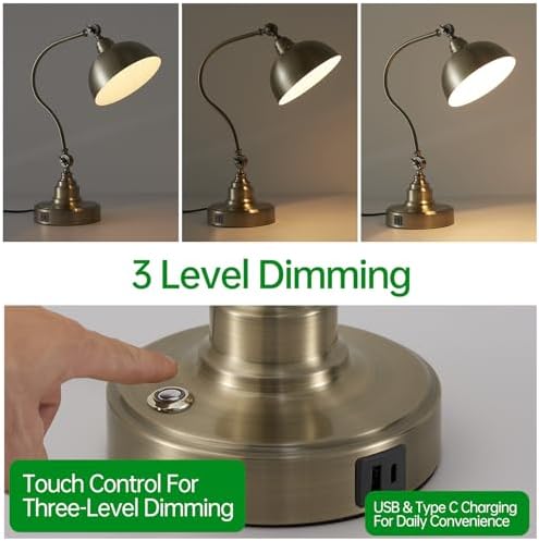 Dimmable Touch Control Antique Brass Desk Lamp with Swing Arm Charging Port - Image 4