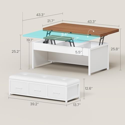 Itaar Lift Top Coffee Table Set, 43'' Multi-Function Coffee Table with Storage Drawers and Hidden Compartment, Center Table with Ottoman Bench for Living Room, White - Image 2