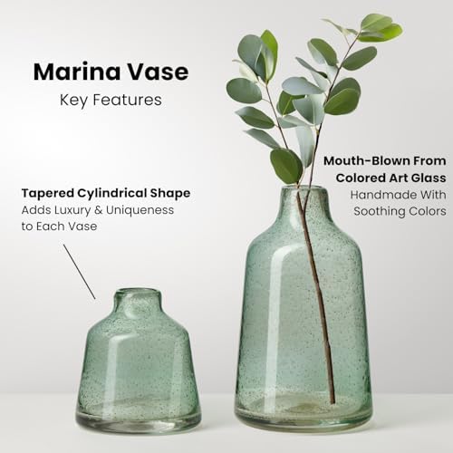 Torre & Tagus 10 Inch Tall Green Glass Vase with Gold Flakes, Mouth Blown Glass Vases Green Flower Vase Centerpieces, Watertight for Hydroponic Plants, Coastal Seagreen Gold Decor Accents (Marina) - Image 3