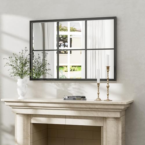 Dewfig Rectangle Wall Mirror, 36"x24" Metal Frame Windowpane Mirror, Black - Image 3