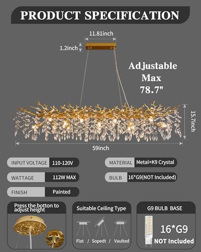 Modern Tree Branch Chandelier, 16 Lights Rectangular 59" Crystal Gold Chandeliers for Kitchen Island Dining Room Living Room - Image 2