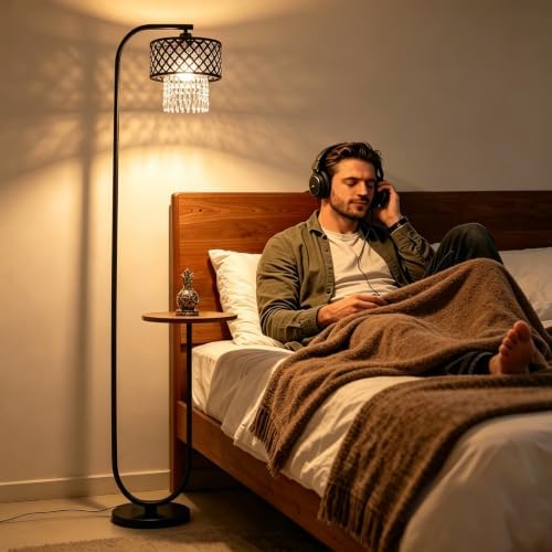 Hsyile Crystal Floor Lamp for Living Room - Marble Base Modern Tall Stand Up Light with Table,Contemporary Over the Couch Lamp Standing Lamps for Bedroom Office Living Room (Black+Mesh Lampshade) - Image 3