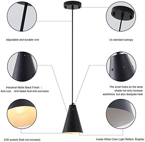 Black Pendant Light for Kitchen light fixtures,Small Modern Industrial Chandeliers with Cone Metal Shade,Mini Adjustable Cord Hanging Lighting Fixtures for Over island,Bar,Dining Room.(1 Pack) - Image 5