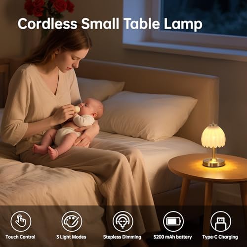 Shenmoyl Tulip Small Table Lamp, 5200mAh Cordless Touch Control Mini Table Lamp with 3 Color Temps & Stepless Dimming, Perfect for Small Spaces Like Dressers, Bedsides, Bookshelves (White Tulip) - Image 2