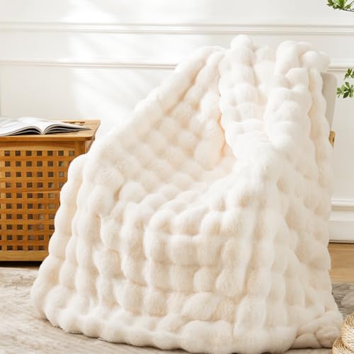 BENVWE Faux Fur Throw Blanket for Couch - Cozy Plush Fluffy Soft Thick Bubble Blanket for Living Room Home Decor - Mothers Day Birthday Gifts for Women, Cream White, 51" x 63" by BENVWE