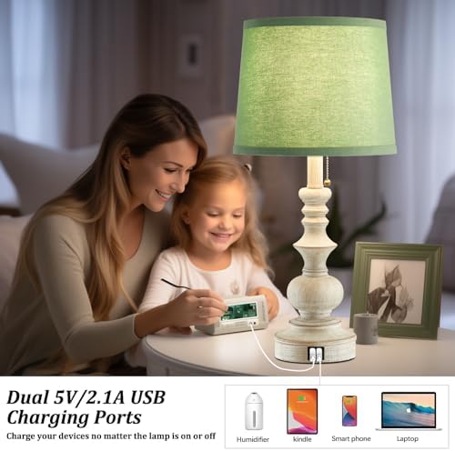 Drawealth 22'' Farmhouse Lamps for Bedrooms Set of 2 Bedside Lamps for Nightstand with USB Charging Ports Traditional Boho Table Lamps for Living Room Study Room,Green Shade,Bulbs Not Included - Image 3