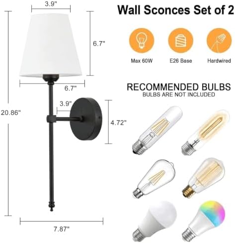Bsmathom Wall Sconces Sets of 2, Rustic Industrial Wall Lamps, Hardwired Column Stand Sconces Wall Lighting, Bathroom Vanity Light Fixture with Fabric Shade for Bedroom Living Room Kitchen, Black - Image 3