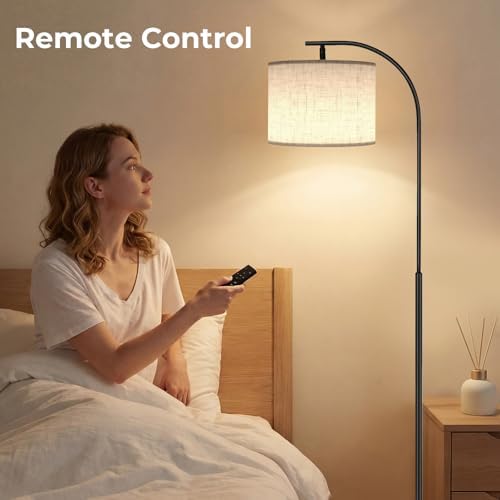 SIBRILLE Floor Lamp with Linen Shade, Arc Dimmable Tall Standing Lamp with Remote Control, Modern Floor Reading Light for Living Room Bedroom Office Corner, 9W LED Bulb Included - Image 3