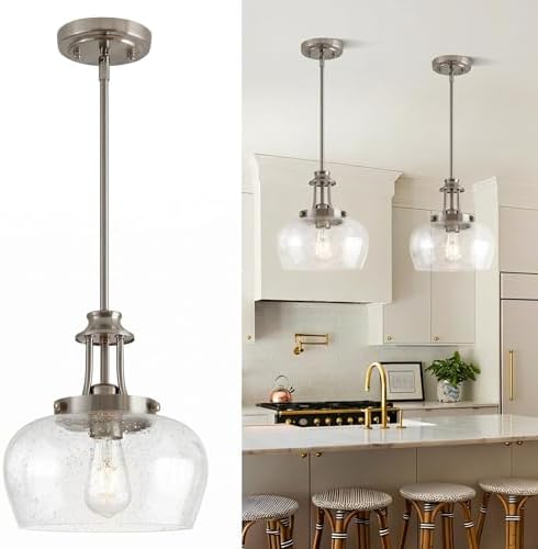 Modern Pendant Lights Kitchen Island, Brushed Nickel Pendant Light Fixtures with 10" Clear Air Bubble Glass Shade, Industrial Hanging Pendant Lights Fixture for Kitchen Island Dining Room Entryway by BringBrightnesstoYourLife