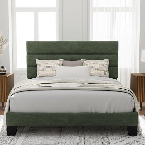 Allewie Full Size Platform Bed Frame with Fabric Upholstered Headboard and Wooden Slats Support, Fully Upholstered Mattress Foundation/No Box Spring Needed/Easy Assembly, Green by Allewie