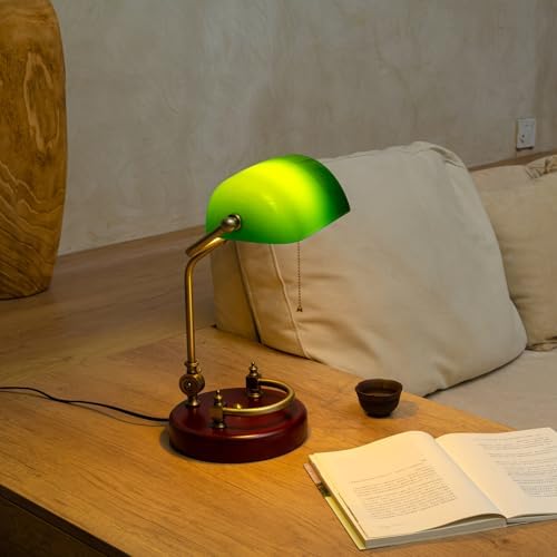 Bankers Lamp Traditional Green Glass Desk Lamp Solid Wood Pull Chain Switch - Image 4