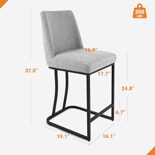 Counter Height Bar Stools Set of 4, 24 Inch Seat Height Bar Chairs for Kitchen Island, Linen Fabric Upholstered Barstools with Metal Feet for Dining Room, Gray - Image 2