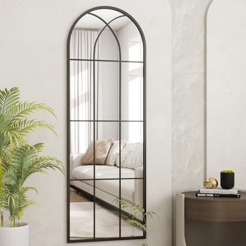 Dewfig Arched Full Length Mirror, 65"x 22" Windowpane Floor Mirror, Black by YourSpacePerfectlyReflected