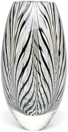 Murano Style Glass Vase Hand Blown Black and White Feather Pattern Effect by CadoroGlassStudioBrazil