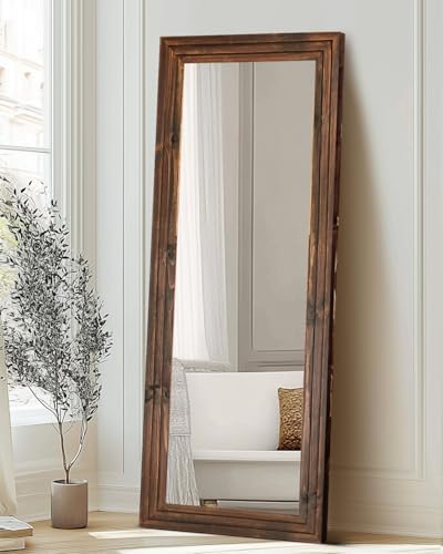 65x22in Full Length Mirror, 3-Tier Stepped Solid Wood Frame, Brown - Image 4