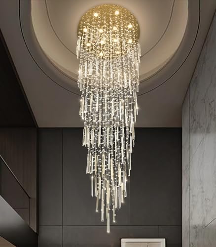98'' Modern Crystal Chandelier High Ceiling Chandeliers for Entryway Large Raindrop Chandeliers LED Dimmable Flush Mount Light Fixtures for Staircaes Foyer Hallway Living Room LED Bulbs Included Gold - Image 5