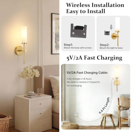 Shenmoyl Battery Operated Wall Sconces Set of 2, Gold Rechargeable Wall Lighting Fixtures, Dimmable Wall Lights with Remote & Opal Glass Shade for Living Room, Bathroom,Bedroom - Image 6
