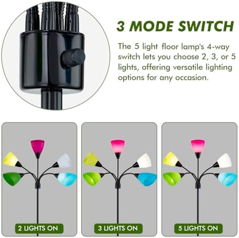 Medusa Modern Decor Floor Lamp, 5 Head Adjustable Gooseneck Lamps for Reading, Colorful Multiple Tall Standing Lamps for Living Room Bedroom Office Kids Classroom, Black, Bulbs Included - Image 3