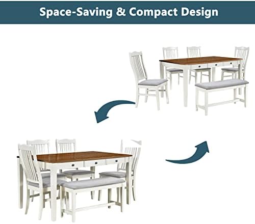 Compact 6-Piece Dining Table Set, Solid Wood Kitchen Dining Room Table Set with 4 Padded Ergonomic Chairs & Bench, 60'' Rectangular Table with Storage Drawer, Space-Saving Design (Grey-P) - Image 3