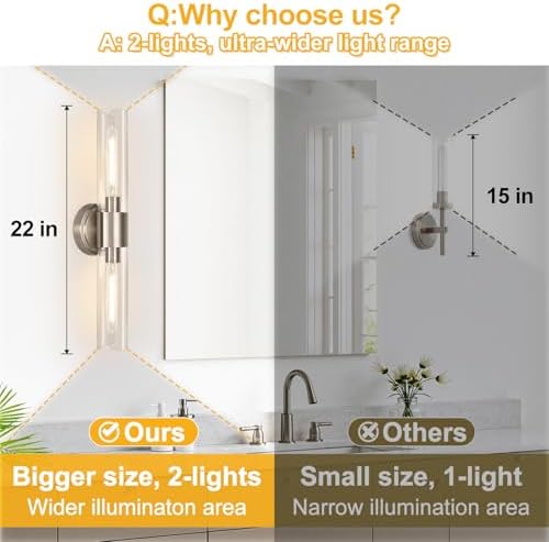 Wall Sconces Set of Two, Brushed Nickel Bathroom Sconces Wall Lighting with Clear Glass, Hardwired Modern Sconces Wall Decor Set of 2 for Bathroom Mirror Bedroom Living Room Hallway - Image 5