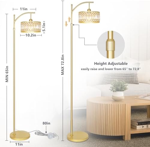 Gold Floor Lamp, Arc Floor Lamp for Bedroom, Standing Lamps for Living Room, Crystal Mid Century Modern Tall Lamp, Corner Stand Up Lamp, Height Adjustable Arched Brass Reading Lamps (Bulb Included) - Image 3
