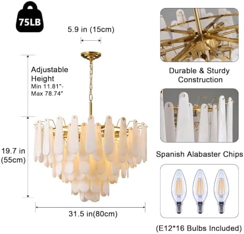 Alabaster Chandelier, D31.5 in Modern Feathery Round Chandelier, 6-Tiers Luxury Large White Marble Brass Chandeliers for Dining Room Bedroom Foyer Living Room Entryway - Image 2
