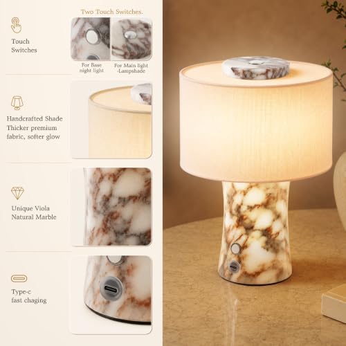 WMK Marble Lamp Cordless, Rechargeable Marble Touch Lamp with 3 Color, Linen Lampshade Stepless Dimming, Luxury Natural Calacatta Viola Stone Table Lamp for Bedroom, Living Room & Office(Dual Light) - Image 6