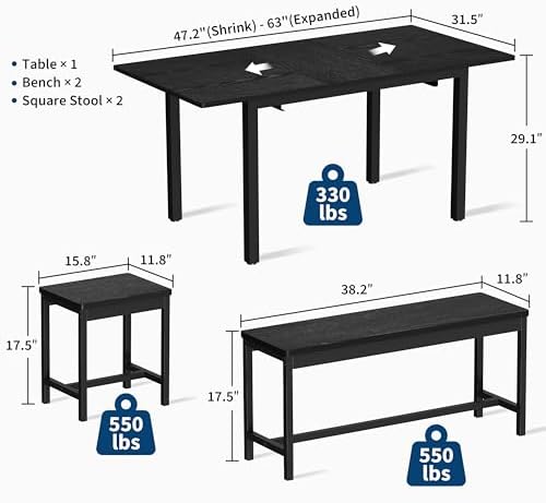 GarveeHome 5 PCs Dining Table Set for 6-8 People, 63 in Extendable Kitchen Table Set with 2 Benches and 2 Square Stools, Modern Dining Room Furniture Sets, Easy Assembly, Black - Image 3