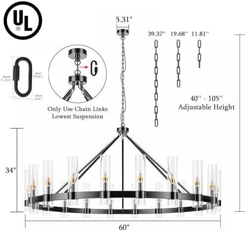 20-Lights Black Wagon Wheel Chandelier Modern Farmhouse with Glass Shade, 60 Inch Large Round Industrial High Ceilings Pendant Lighting Fixture for Dining Living Room, Kitchen Island, Foyer - Image 5