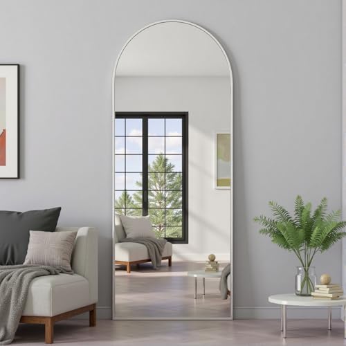 Prywot Full Length Mirror, 64"x21" Arched Floor Mirror with Stand, White by Prywot