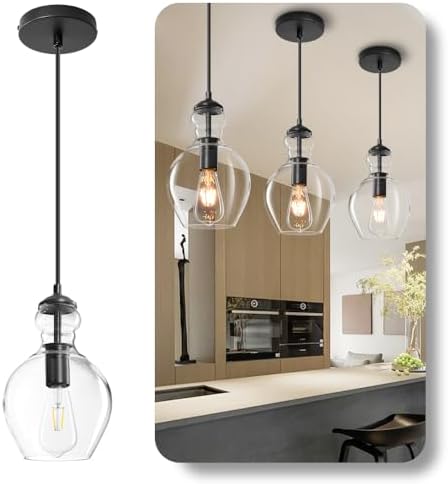 Black Clear Glass Pendant Lighting for Kitchen Island Entryway 7 Inch by Vaziden
