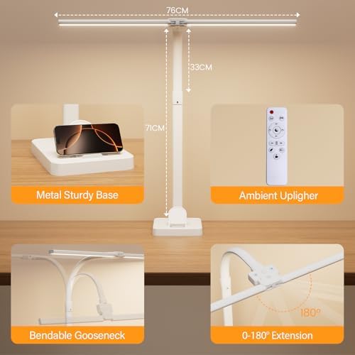 LED Desk Lamp with Base - Bright Dimmable Computer Lamp with Phone Holder, 24W Bendable Desk Light for Monitor Screen, Eye-Caring Tall Desktop Light for Task Home Office Work, White, Dual Head - Image 5
