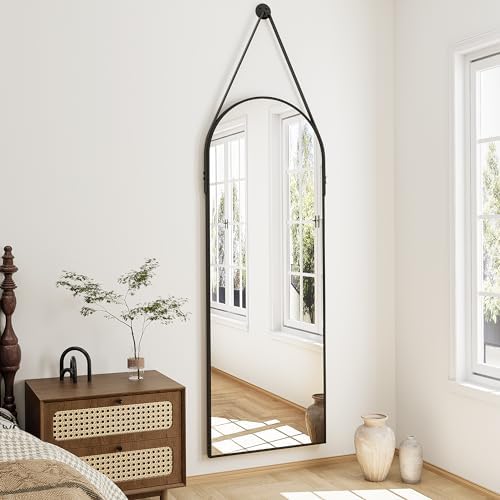 Full Length Mirror, Arched Wall Mounted Mirror, 48"x16" Door Mirrors with Hanging Leather Strap, Wall Mirrors Full Length with Aluminum Frame for Bathroom Living Room Entryway (Black) - Image 2