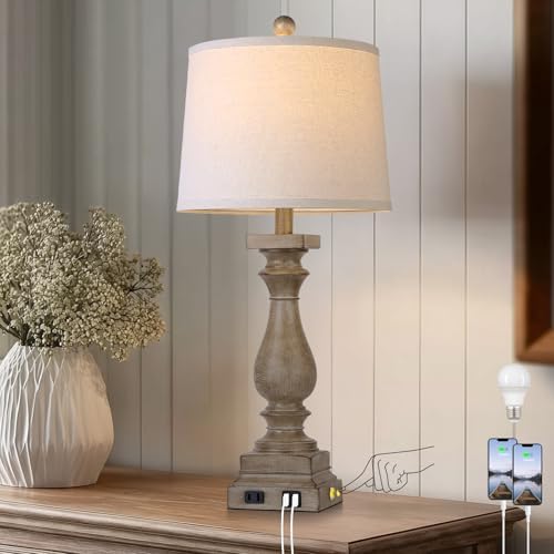 28" Tall Farmhouse Table Lamp with USB C+A Ports and AC Outlet, 3 Way Touch Control Rustic Bedside Lamp for Bedroom, Brown Vintage Nightstand Lamp for Living Room Office by MouvovoLighting