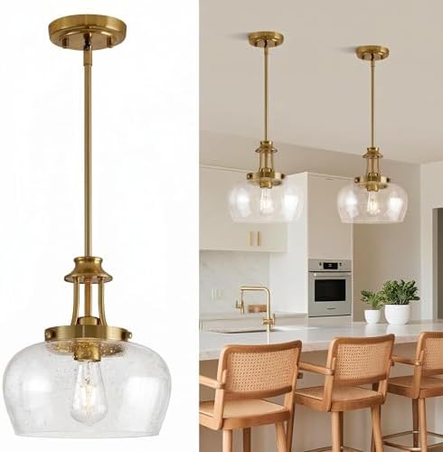 Modern Pendant Lights Kitchen Island, Brushed Gold Pendant Light Fixtures with 10" Clear Air Bubble Glass Shade, Industrial Hanging Pendant Lights Fixture for Kitchen Island Dining Room Entryway by BringBrightnesstoYourLife