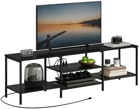 HOOBRO TV Stand with Power Outlets to 75 Inches, TV Console Table with Open Storage Shelves Cabinet, Industrial Media Entertainment Center for Living Room Bedroom, Black BB80DS01 by HOOBRO