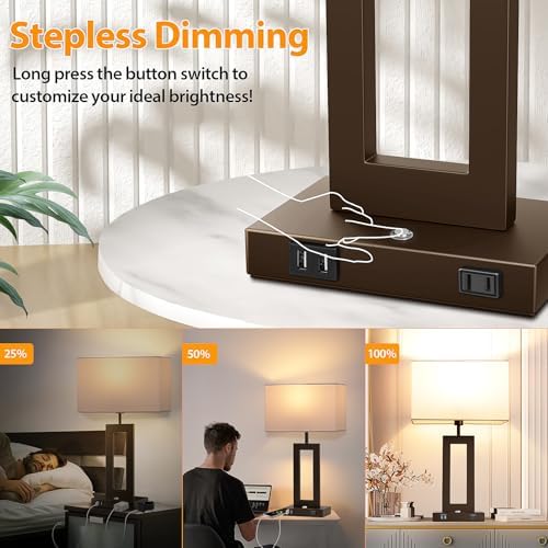 27.2’’ Tall Brown Table Lamps for Living Room Bedroom, Bedside Touch Control Lamps with 2 USB Ports&AC Outlet, 3 Color Temp.&Stepless Dimming Desk Lamp Sets for Home Office, Pre-assembled White Shade - Image 3