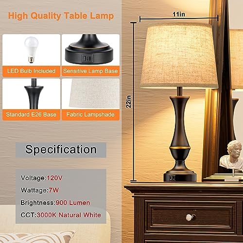Touch Lamps for Nightstand, 3 Way Dimmable Lamps for Bedroom with USB C+A - Image 5