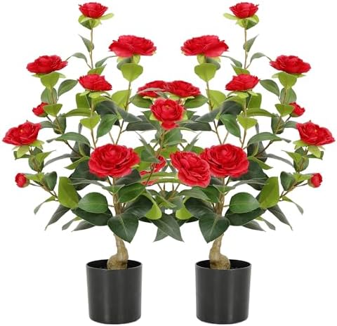 Nafresh 2FT Lush Artificial Red Camellia Tree Outdoor 2 Pack, 24inch Faux Camellia Plant, Fake Camellia Flowers Tree for Indoor Outdoor Living Room Home Patio Front Door Garden Decor by Nafresh