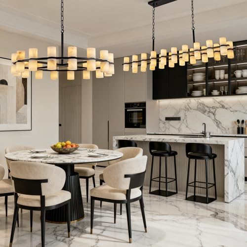 Alabaster Round Chandelier, Natural Spanish Stone Texture Chandeliers, D31in Round Chandeliers for Dining Room Chandelier Light Fixture for Kitchen Living Room Foyer Entryway Hallway (Black) - Image 4