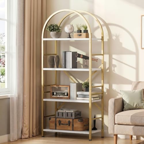 Shintenchi Arched Bookshelf, 4 Tier Bookcase, Tall Storage Shelf, Golden - Image 2