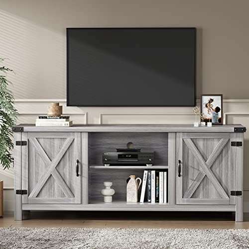 YESHOMY Modern Farmhouse TV Stand with Barn Door for 65 Inch TV, Gray Wash - Image 2