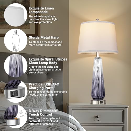Glass Table Lamps Set of 2, Modern Bedside Lamps for Bedrooms with USB A+C Ports, 3-Way Dimmable Touch Control Nightstand Lamp with White Linen Shade, 27.5" Large Lamps for Living Room Decor, Grey - Image 3