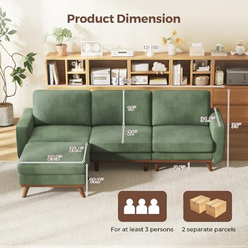 Vesgantti 97" L-Shape Modular Sofa, 3-Seat Corduroy Couch with Movable Ottoman, Sectional Sofa for Living Room, Green - Image 3