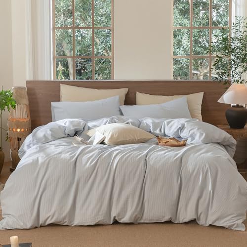 MooMee Striped Duvet Cover Set 100% Washed Cotton Linen Like by MOOMEE