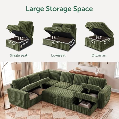 HONBAY Plush Corduroy Modular Sectional Sofa with Pull Out Bed, Convertible U Shaped Couch with Storage,Sleeper Sectional Couches for Living Room,Plush Green - Image 3